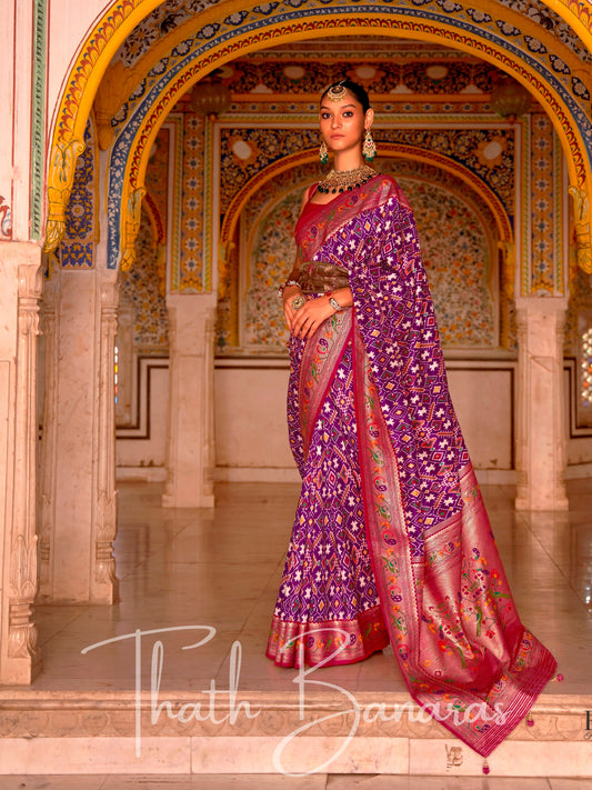 purple-red multicolor pure patola silk with paithani geometric pallu