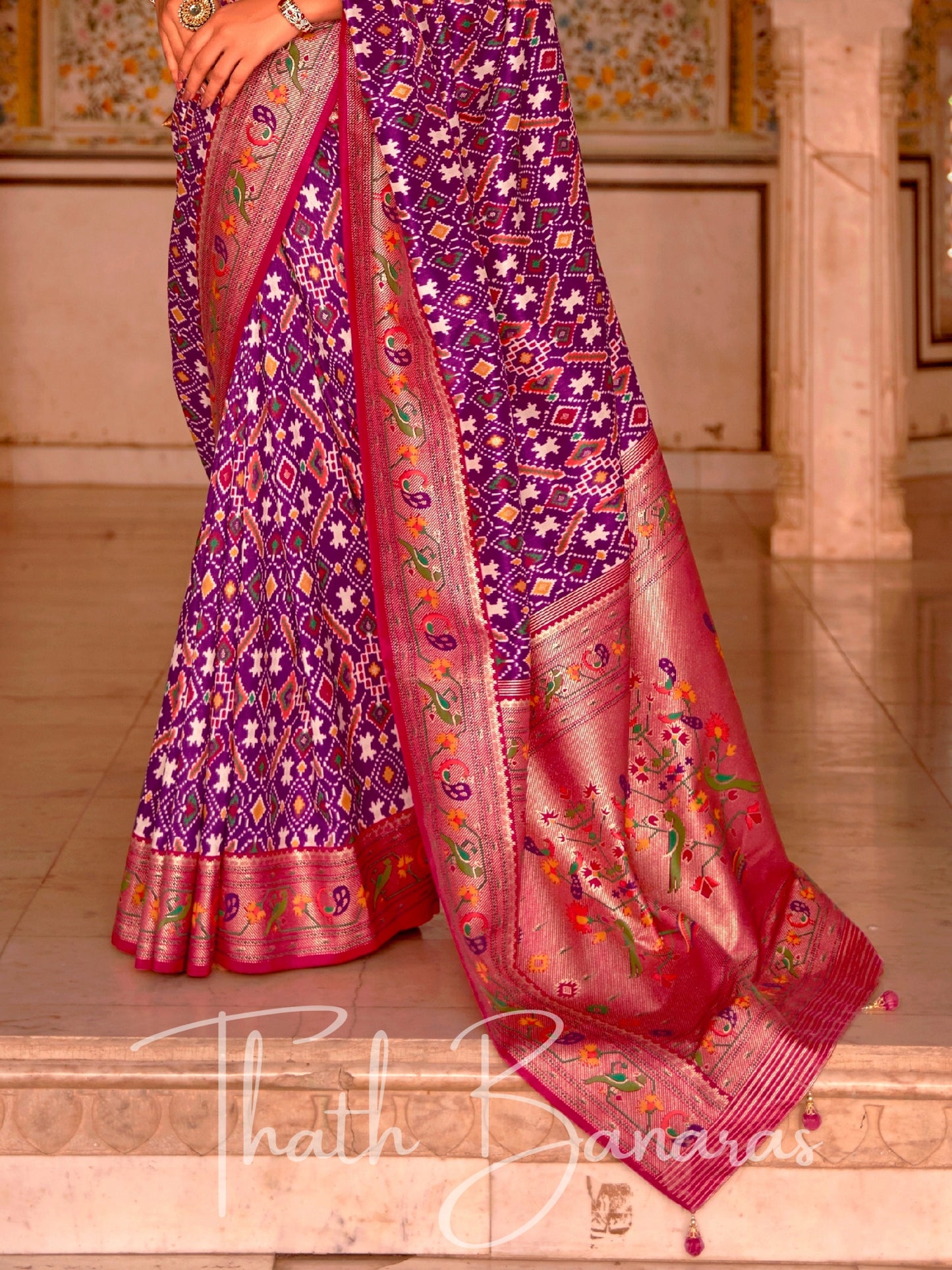 purple-red multicolor pure patola silk with paithani geometric pallu