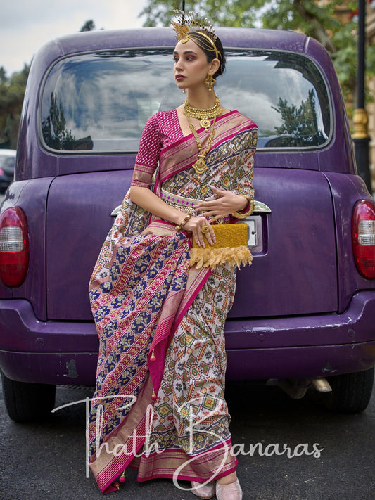 Pink and White Poly Viscose Silk with Patola Print and Glory Finish