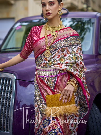 Pink and White Poly Viscose Silk with Patola Print and Glory Finish