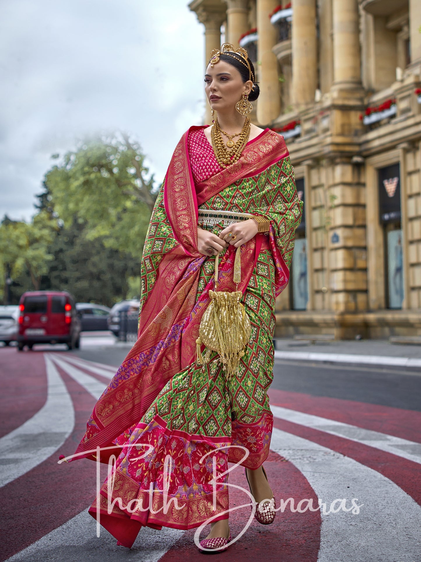 Red and Green Poly Viscose Silk with Patola Print and Glory Finish