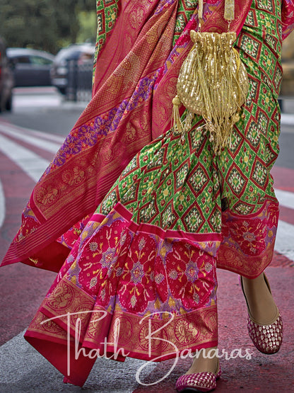 Red and Green Poly Viscose Silk with Patola Print and Glory Finish