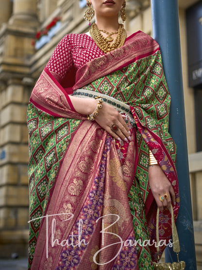 Red and Green Poly Viscose Silk with Patola Print and Glory Finish