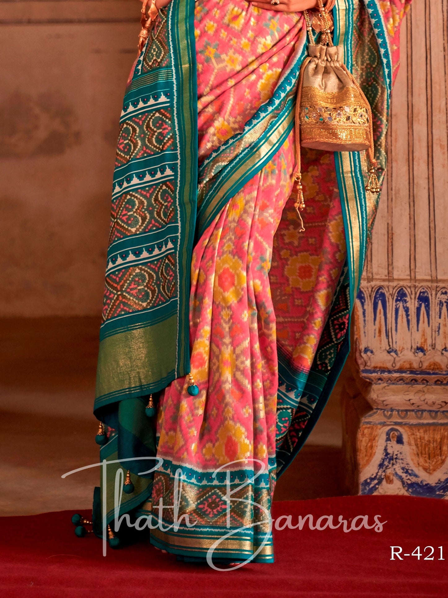 Light pink Soft Cotton Silk Patola with blue zari border