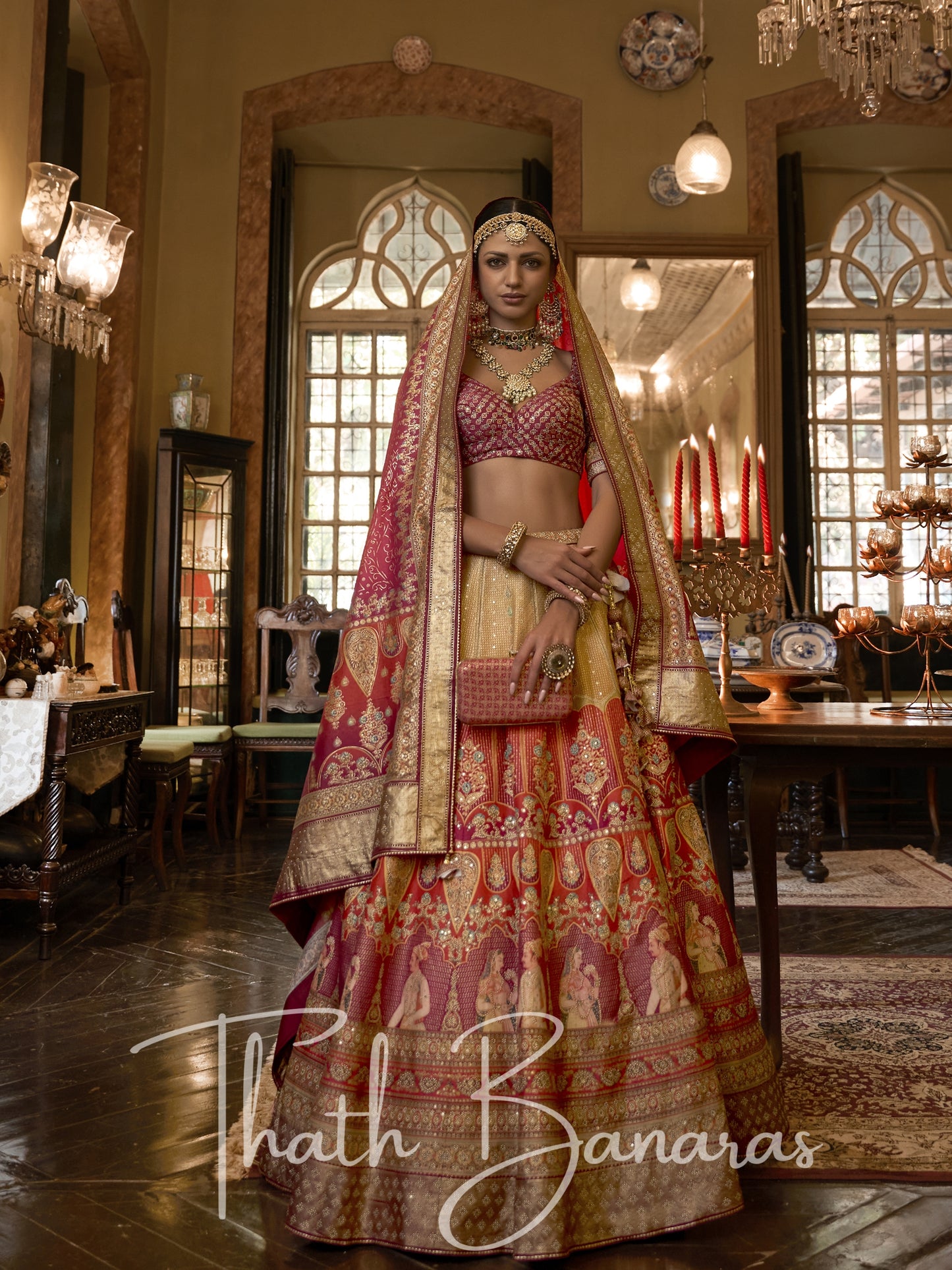 Orange and Pink Smooth Rajwadi Silk with Sparkle and Mirror Work Lehenga and Sparkle Work Blouse