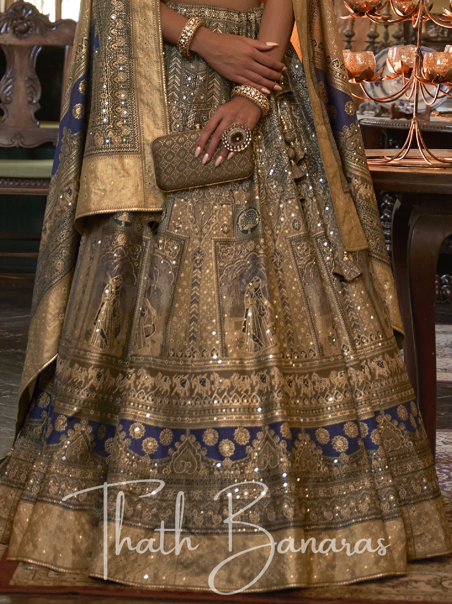 Army Green With Blue Smooth Rajwadi Silk with Sparkle and Mirror Work Lehenga and Sparkle Work Blouse