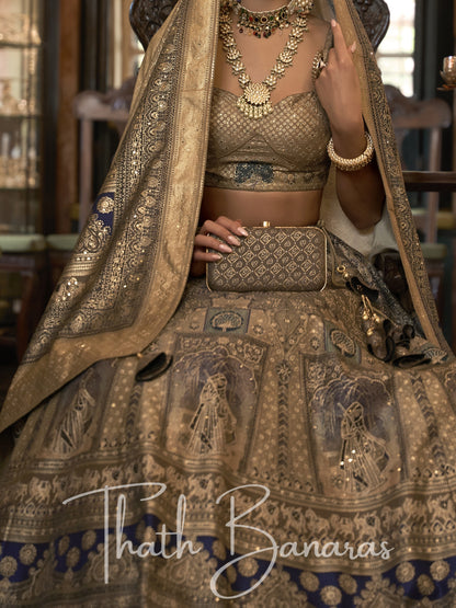 Army Green With Blue Smooth Rajwadi Silk with Sparkle and Mirror Work Lehenga and Sparkle Work Blouse