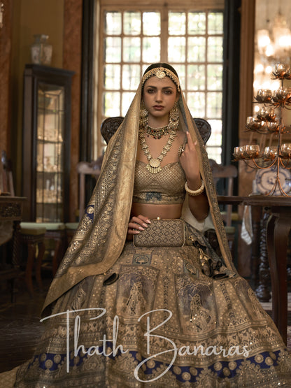 Army Green With Blue Smooth Rajwadi Silk with Sparkle and Mirror Work Lehenga and Sparkle Work Blouse