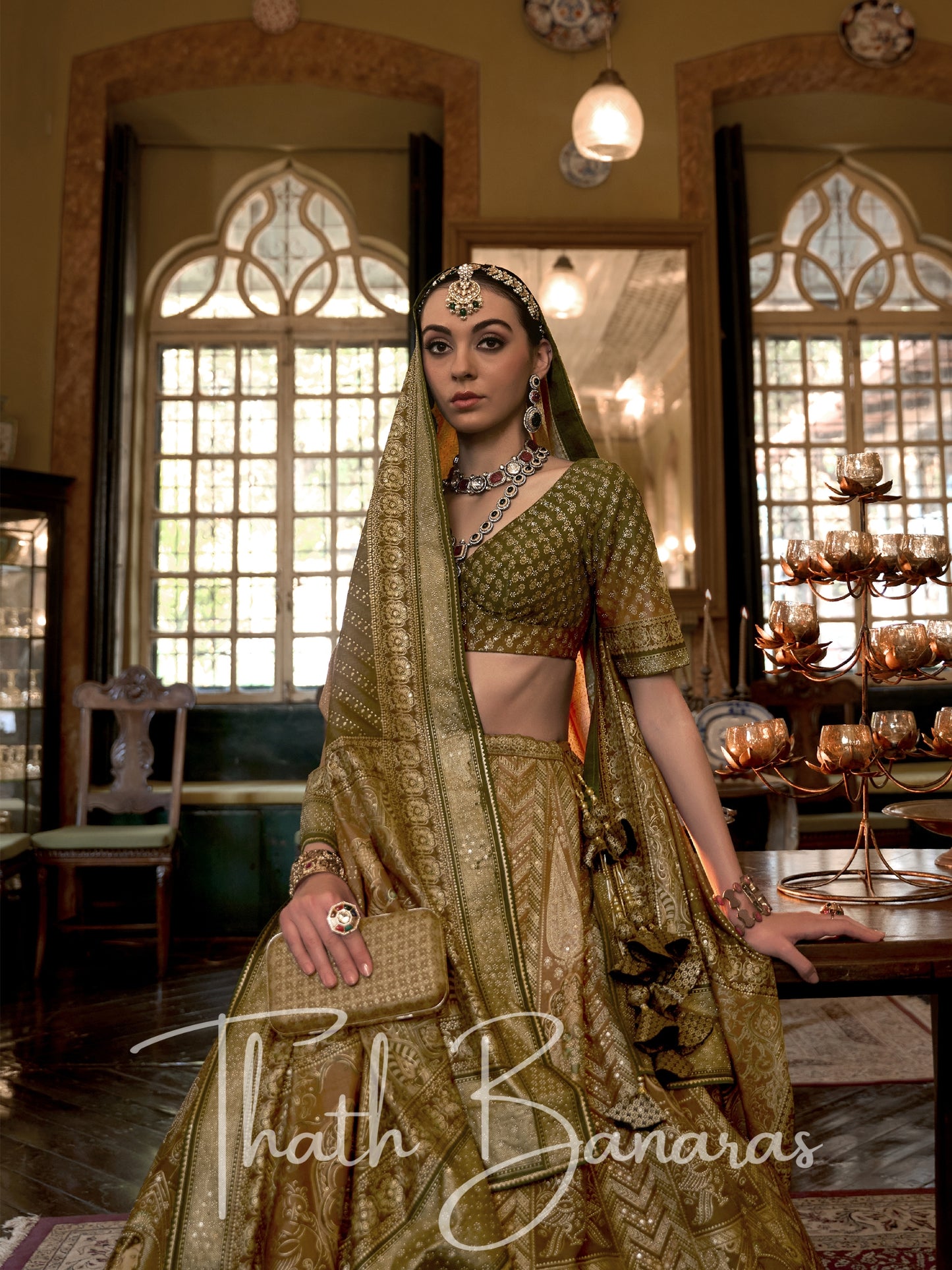 Mehndi Green Smooth Rajwadi Silk with Sparkle and Mirror Work Lehenga and Sparkle Work Blouse