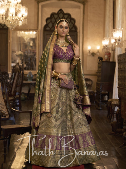 Rich Green and Purple Smooth Rajwadi Silk with Sparkle and Aari Mirror Work Lehenga and Blouse