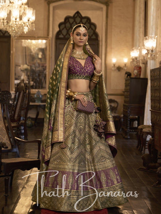 Rich Green and Purple Smooth Rajwadi Silk with Sparkle and Aari Mirror Work Lehenga and Blouse