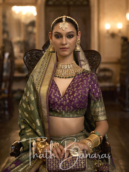 Rich Green and Purple Smooth Rajwadi Silk with Sparkle and Aari Mirror Work Lehenga and Blouse