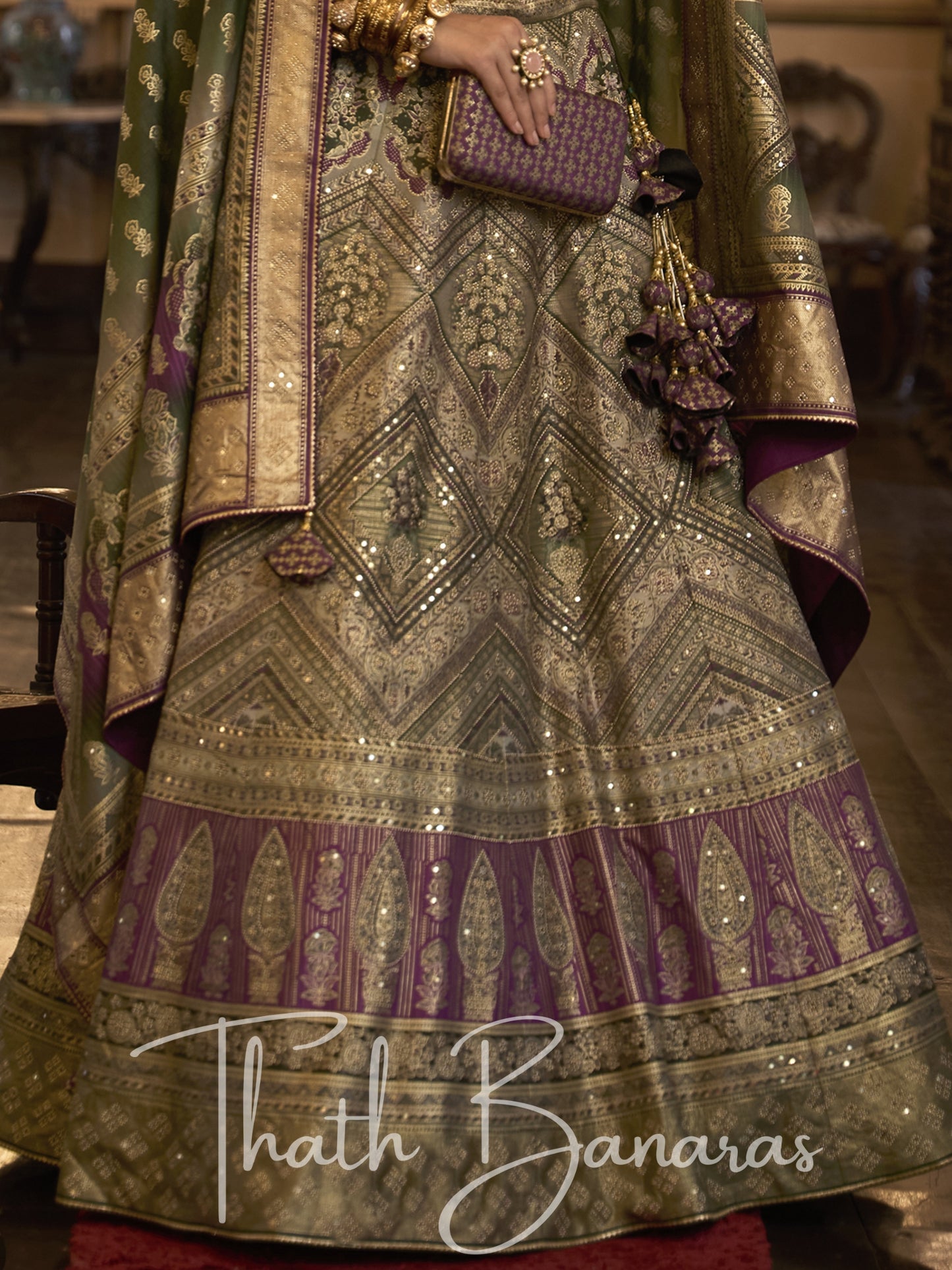 Rich Green and Purple Smooth Rajwadi Silk with Sparkle and Aari Mirror Work Lehenga and Blouse