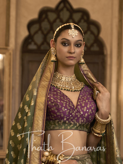 Rich Green and Purple Smooth Rajwadi Silk with Sparkle and Aari Mirror Work Lehenga and Blouse