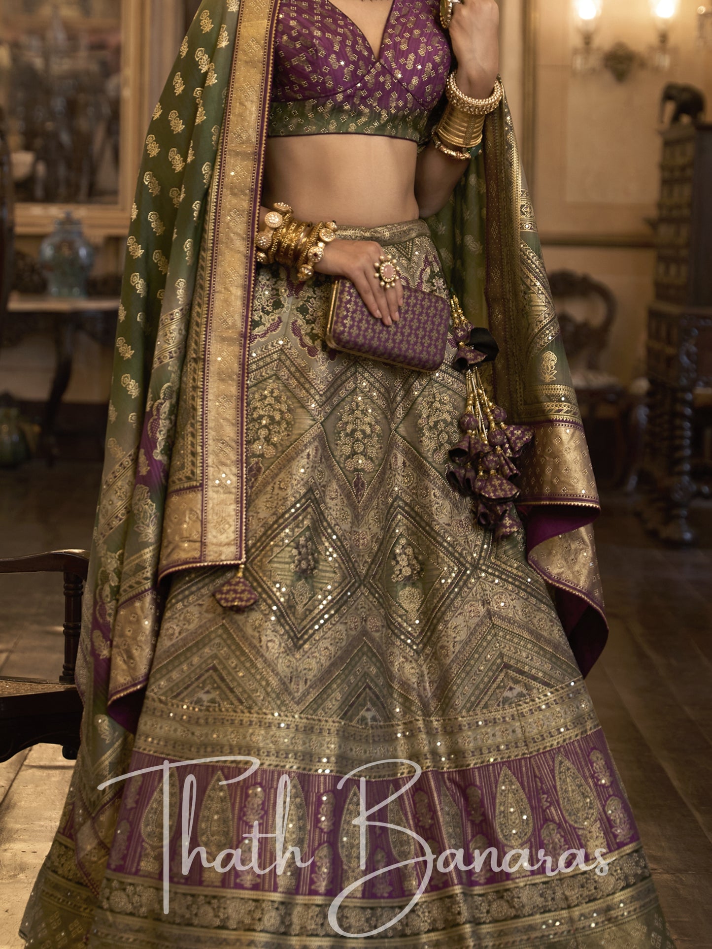 Rich Green and Purple Smooth Rajwadi Silk with Sparkle and Aari Mirror Work Lehenga and Blouse