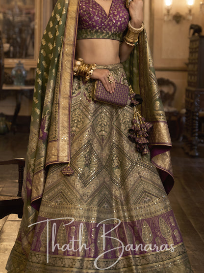 Rich Green and Purple Smooth Rajwadi Silk with Sparkle and Aari Mirror Work Lehenga and Blouse