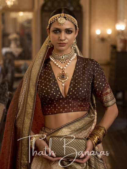 Chocolate Brown Smooth Rajwadi Silk with Sparkle and Aari Mirror Work Lehenga and Blouse