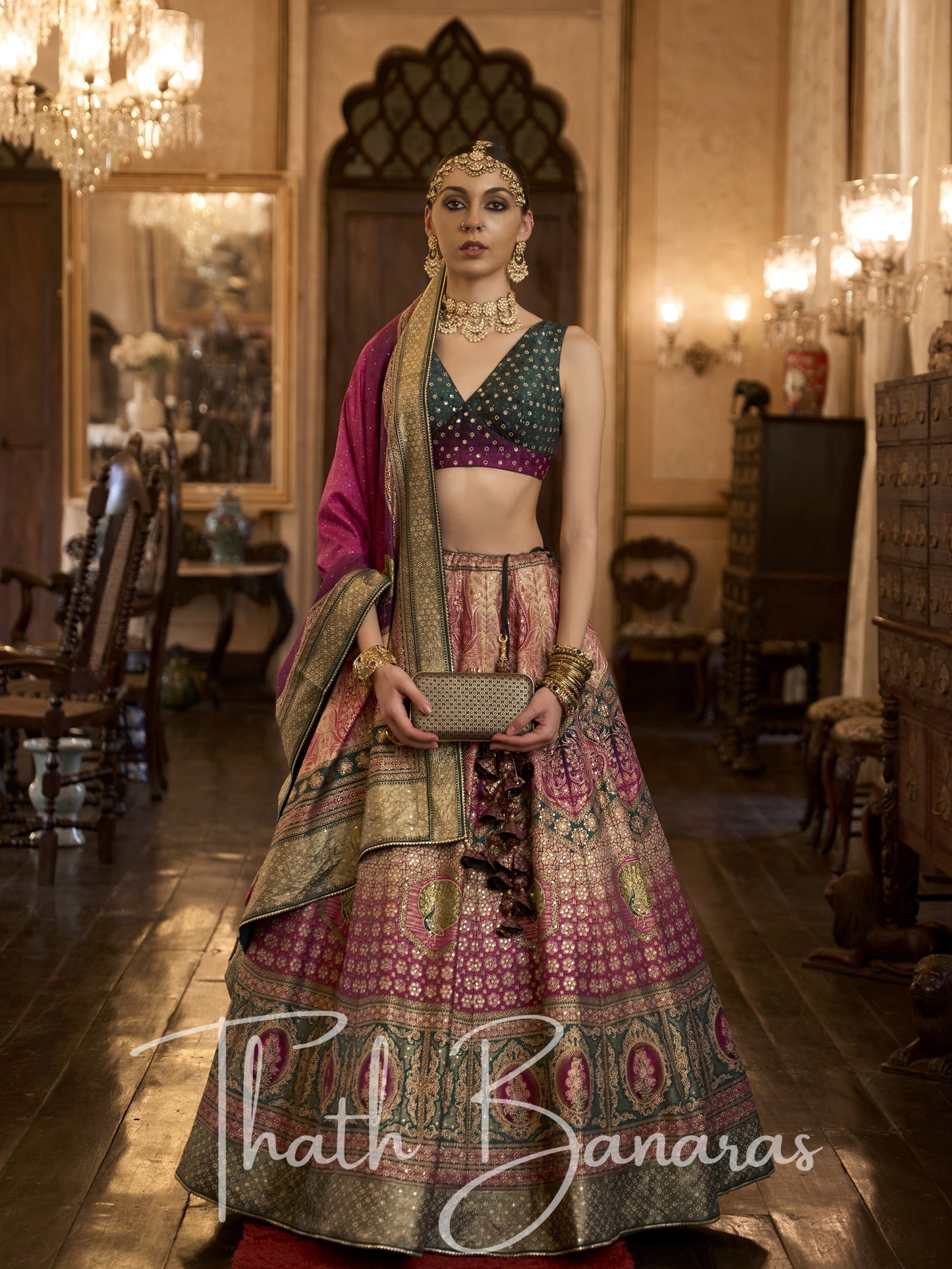 Deep Pink and Green Smooth Rajwadi Silk with Sparkle and Aari Mirror Work Lehenga and Blouse