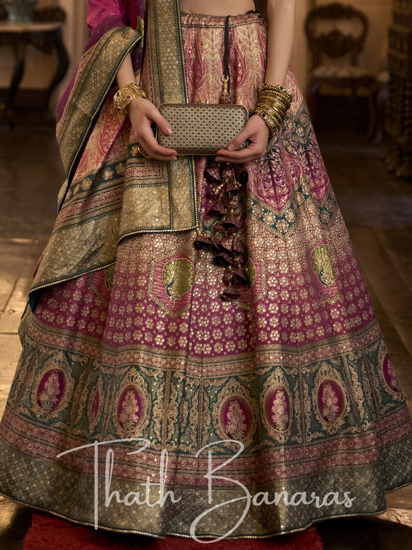 Deep Pink and Green Smooth Rajwadi Silk with Sparkle and Aari Mirror Work Lehenga and Blouse