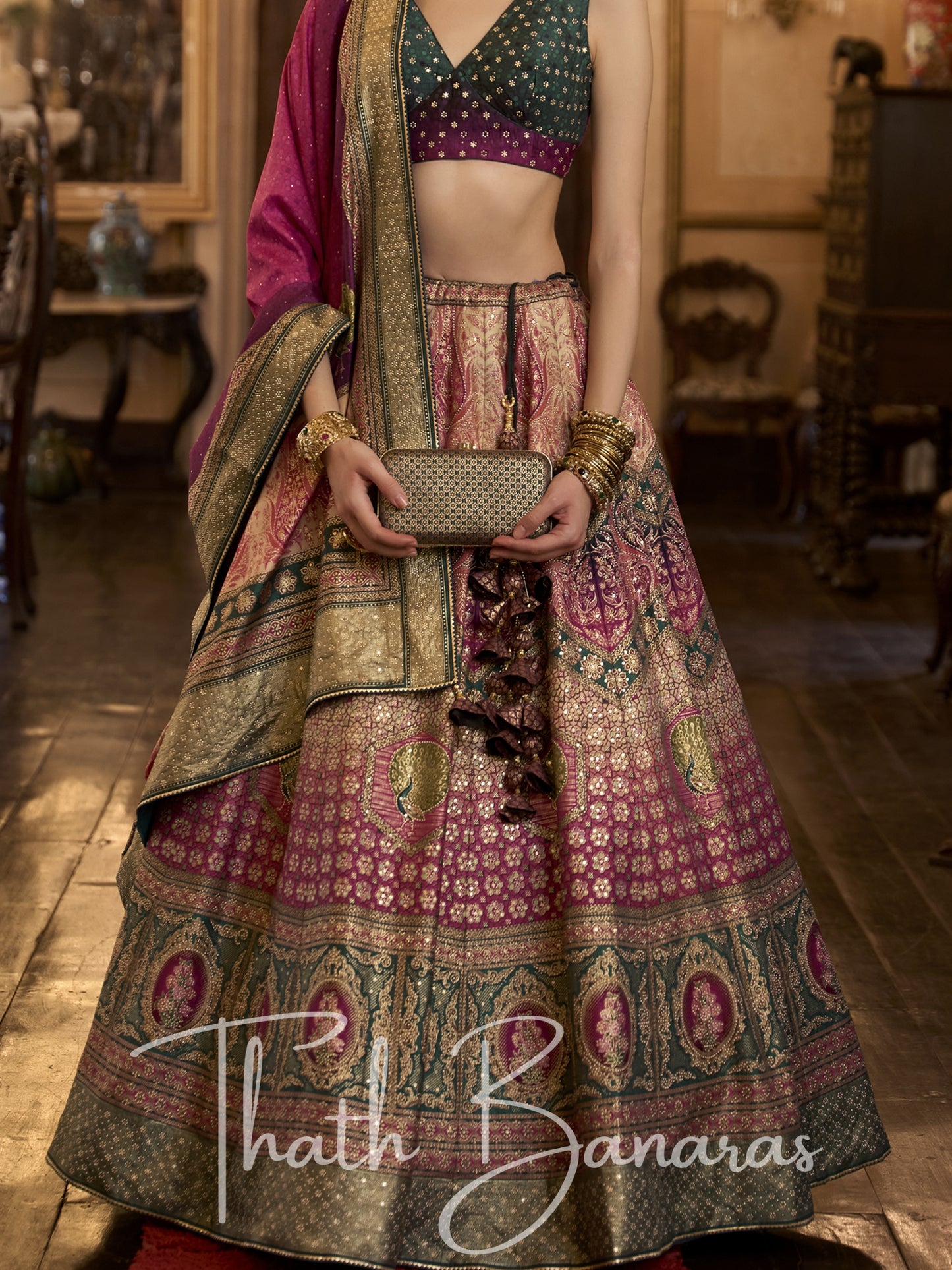 Deep Pink and Green Smooth Rajwadi Silk with Sparkle and Aari Mirror Work Lehenga and Blouse