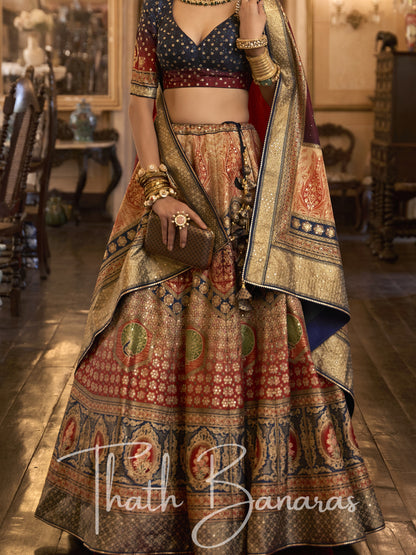 Blue and Red Smooth Rajwadi Silk with Sparkle and Aari Mirror Work Lehenga and Blouse