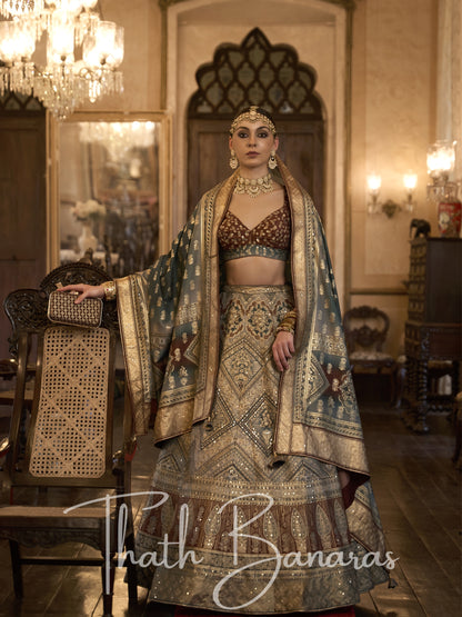 Brown Smooth Rajwadi Silk with Sparkle and Aari Mirror Work Lehenga and Blouse