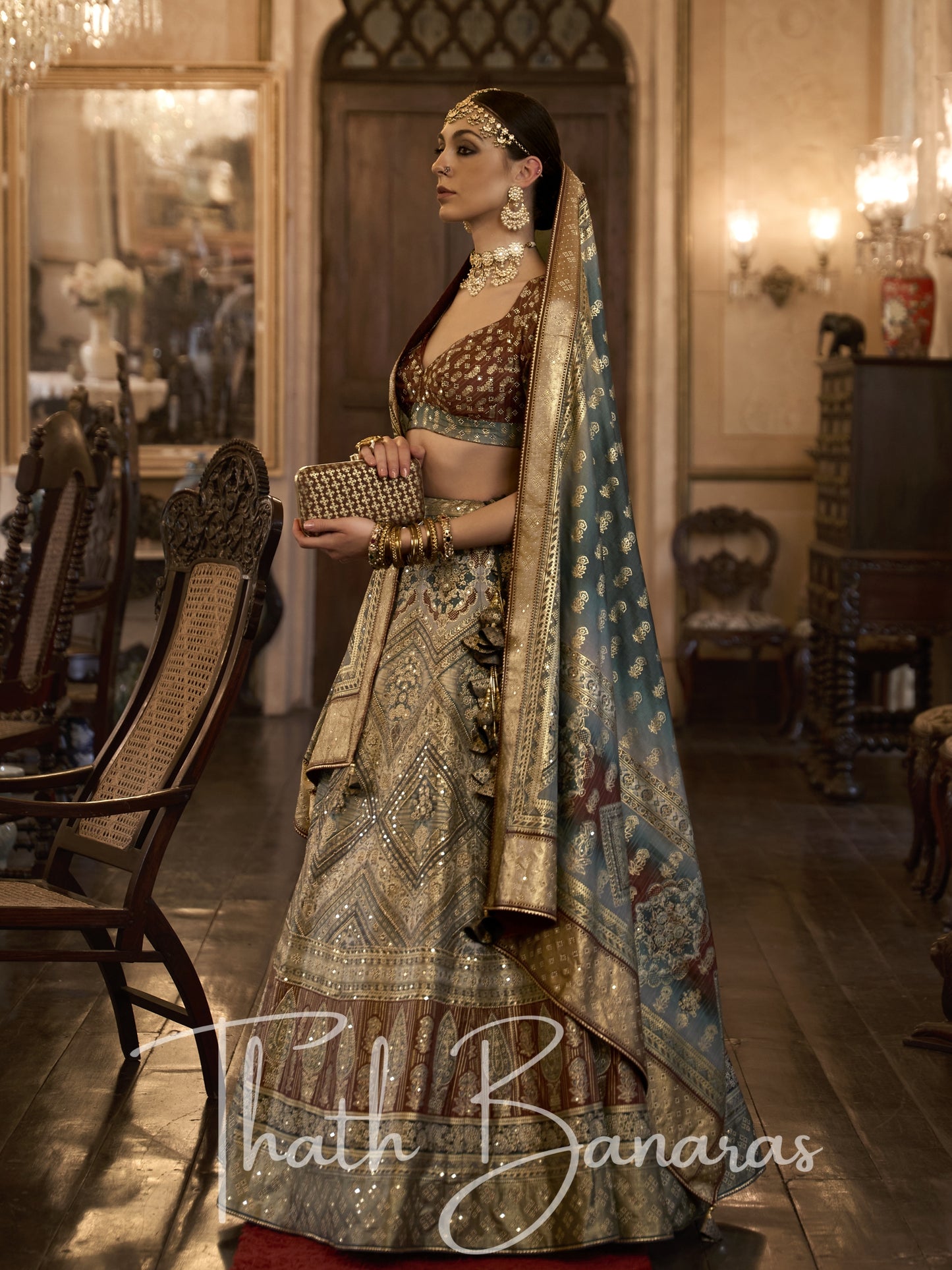 Brown Smooth Rajwadi Silk with Sparkle and Aari Mirror Work Lehenga and Blouse