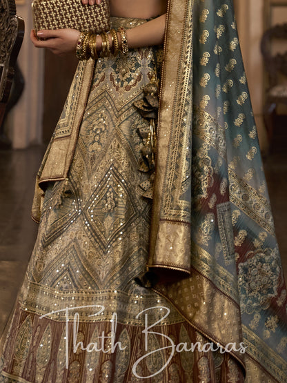 Brown Smooth Rajwadi Silk with Sparkle and Aari Mirror Work Lehenga and Blouse