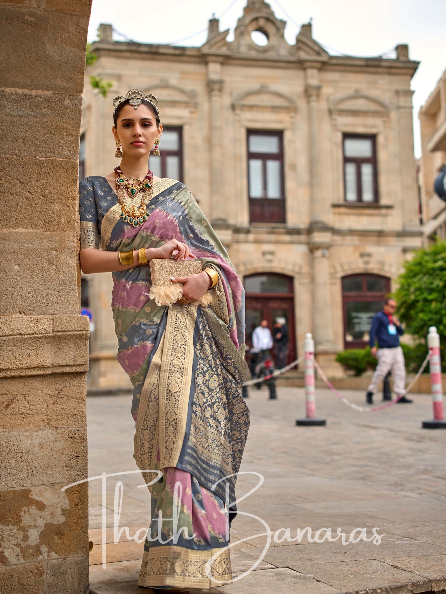 Pink & Grey Poly Viscose Silk with Aqua Finish