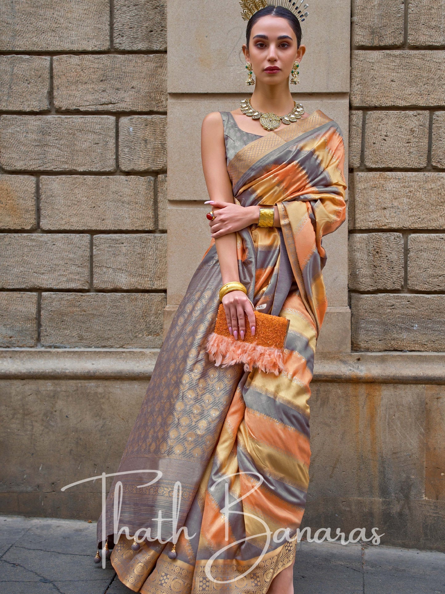 Orange & Grey Poly Viscose Silk with Aqua Finish