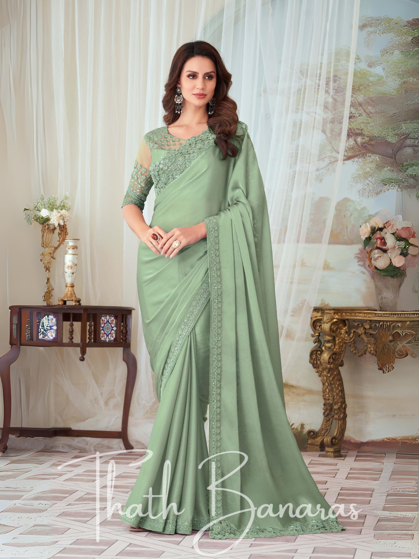 Emerald Green Glorious Silk with Fancy Fabric Work