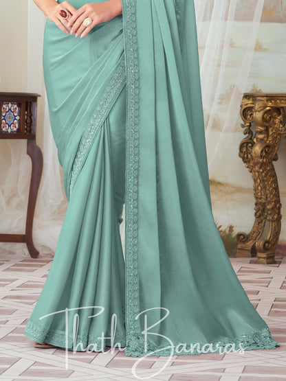 Light Turquoise Green Glorious Silk with Fancy Fabric Work