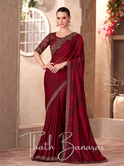 Royal Bright Red Crimson Katan Silk with Golden Zari
