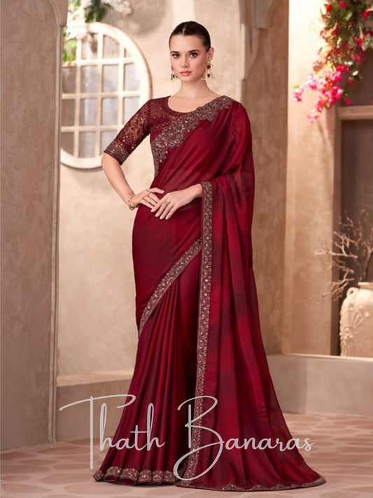 Royal Bright Red Crimson Katan Silk with Golden Zari