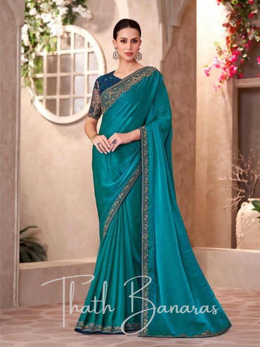 Ocean Teal Banarasi Silk Saree with Intricate Embroidery