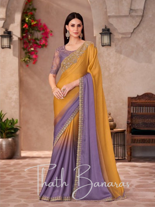 Vibrant Yellow Purpel Saree with Zari and Embroidery work