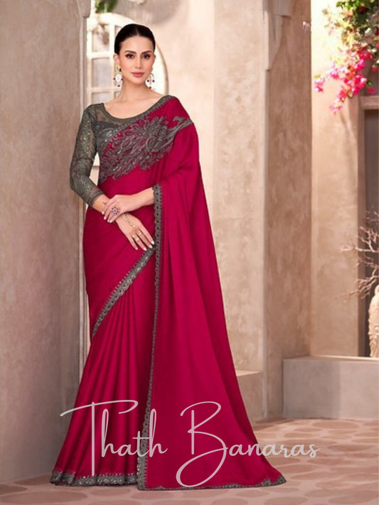 Elegant Red Chiffon Silk saree with Delicate beadwork