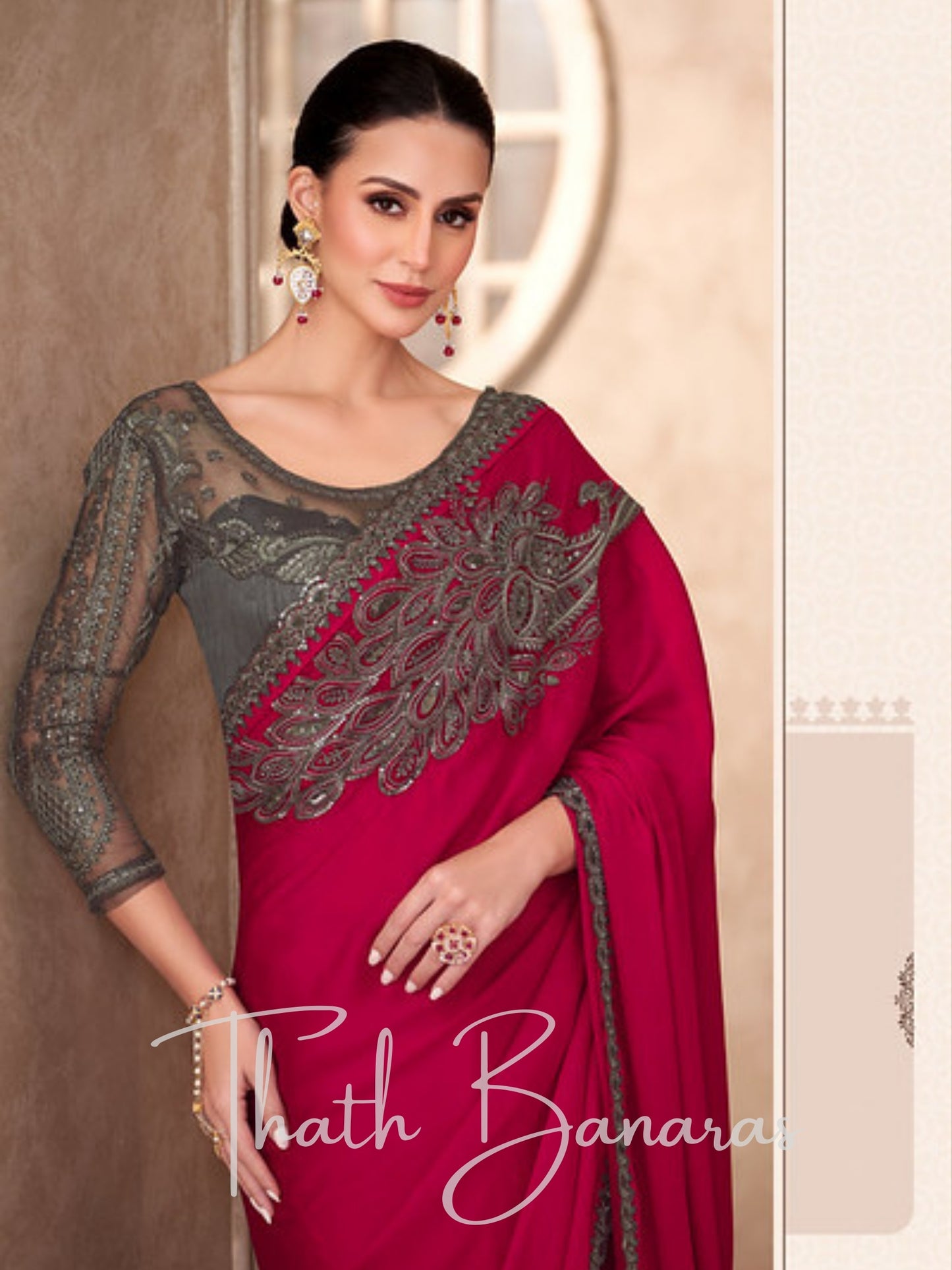 Elegant Red Chiffon Silk saree with Delicate beadwork
