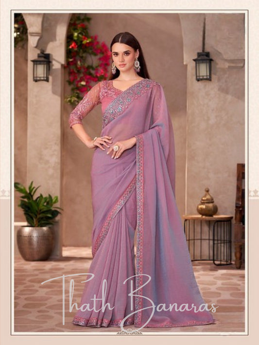 Pink- lilac Embroidered Georgette Saree with intricate embroidery