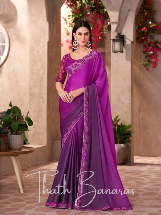 Elegant Purple  Embroidered Faux Georgette Silk  Saree