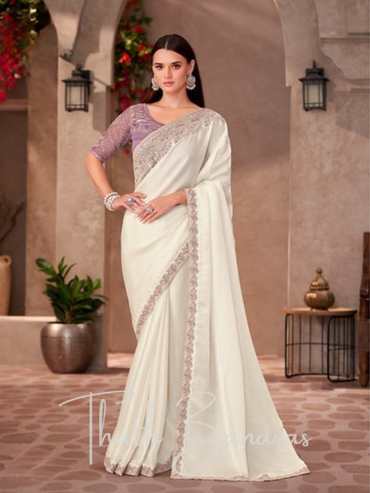 Designer White Georgette Saree with Heavy Embroidery