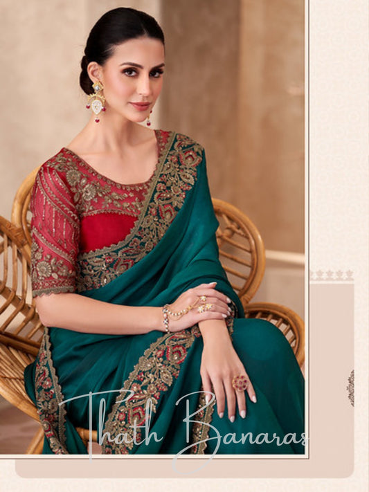 Turquoise and Red Embroidered Silk Blend Saree