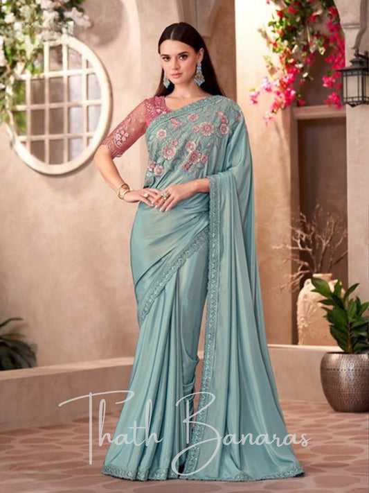 Elegant Sea Blue Floral Embroidered Designer Saree with Contrasting Pink Blouse