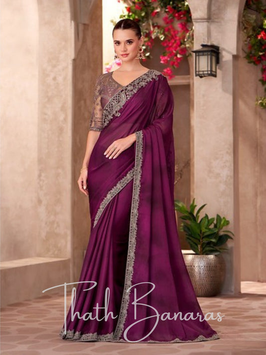 Luxe Wine Heavy Embroidered Designer Saree