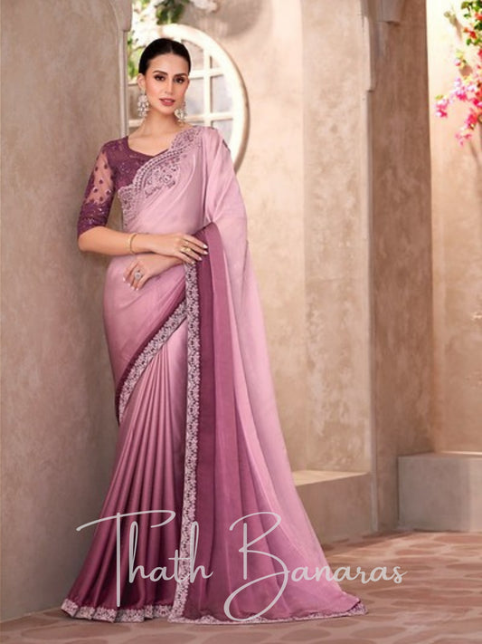 Elegant Pink Ombré Embroidered Silk Saree