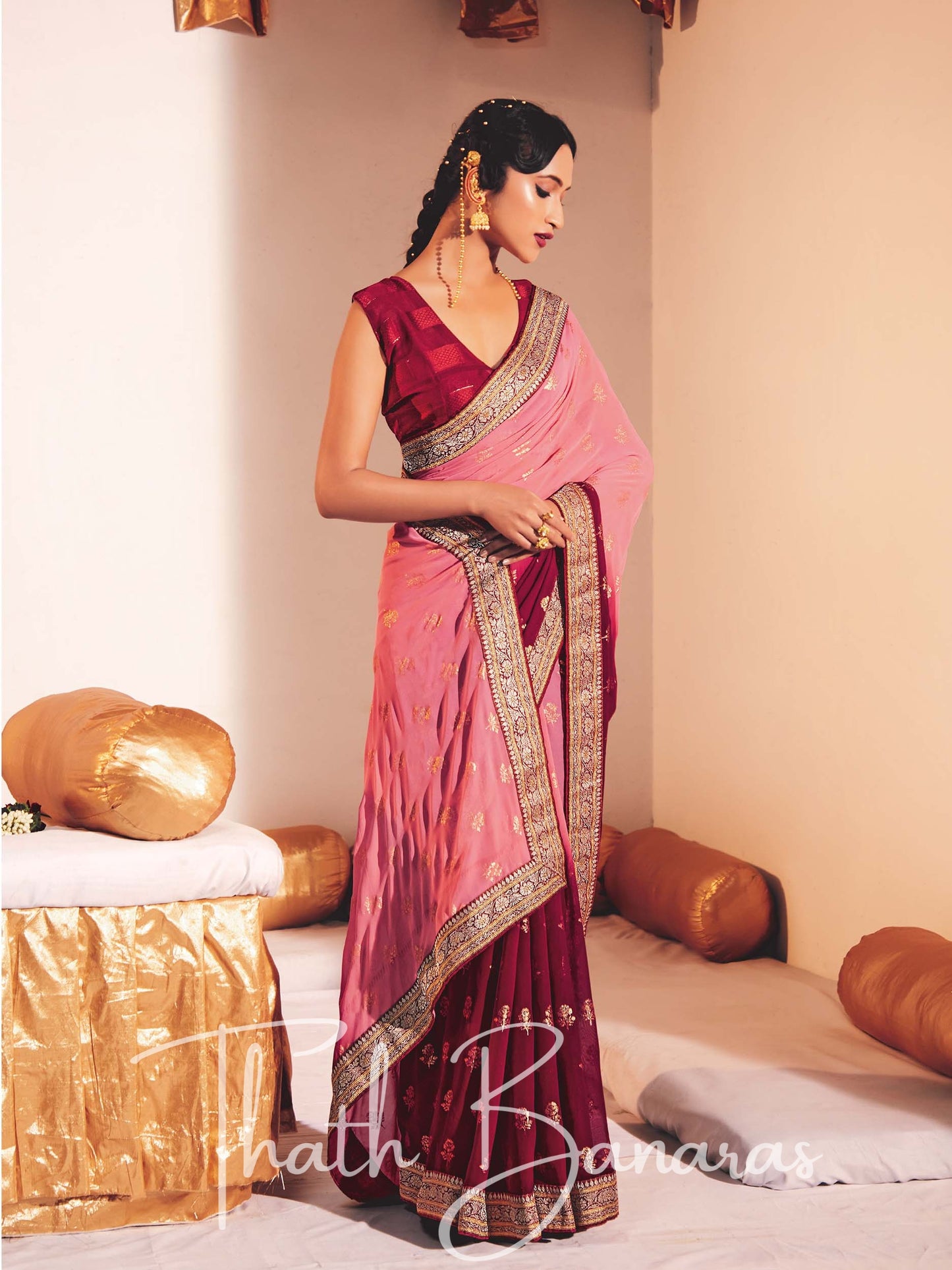 Pink and Maroon Two Tone Heavy Georgette Fabric with Heavy Border