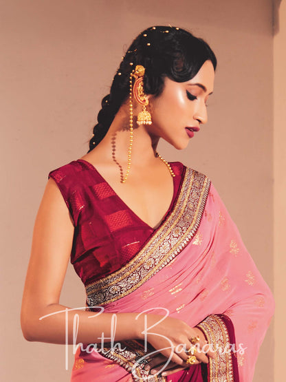 Pink and Maroon Two Tone Heavy Georgette Fabric with Heavy Border