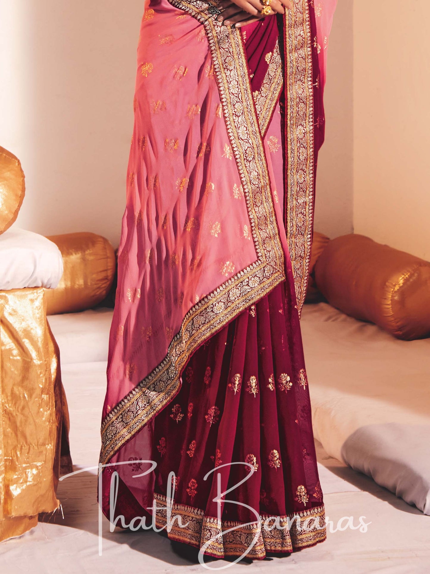 Pink and Maroon Two Tone Heavy Georgette Fabric with Heavy Border