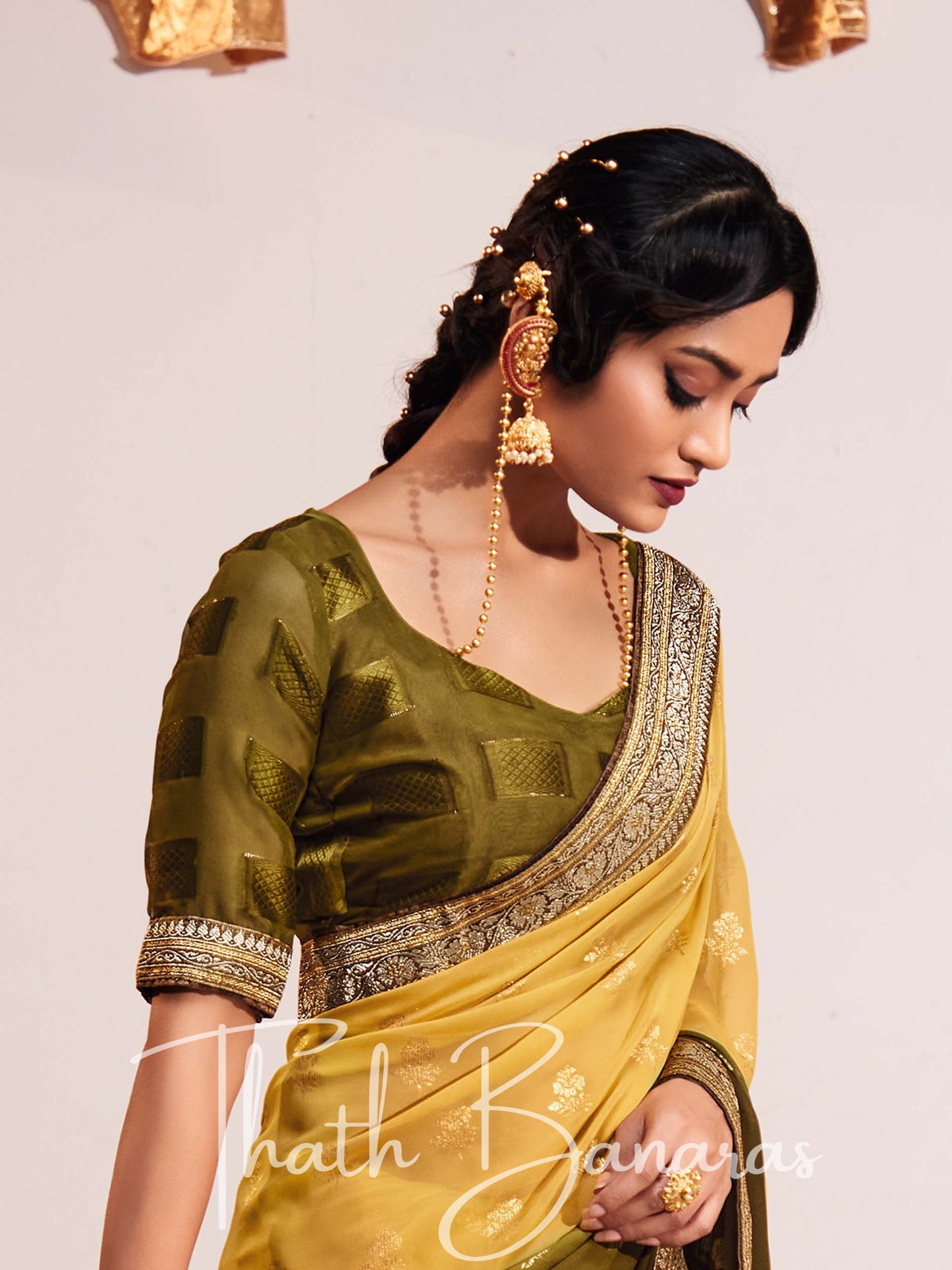 Yellow and Menhadi Green Two Tone Heavy Georgette Fabric with Heavy Border