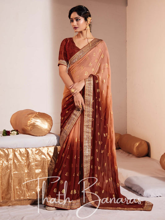 Brown and Copper Two Tone Heavy Georgette Fabric with Heavy Border